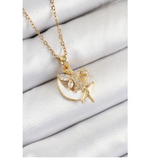 316L Çelik Zirkon Taşlı Hilal Melek Model Gold Renk Kadın Kolye - TJ-BKO10365