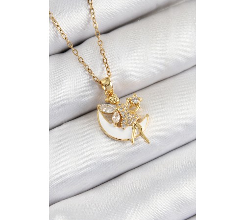 316L Çelik Zirkon Taşlı Hilal Melek Model Gold Renk Kadın Kolye - TJ-BKO10365