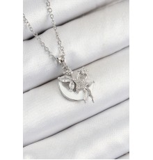 316L Çelik Zirkon Taşlı Hilal Melek Model Gümüş Renk Kadın Kolye - TJ-BKO10366