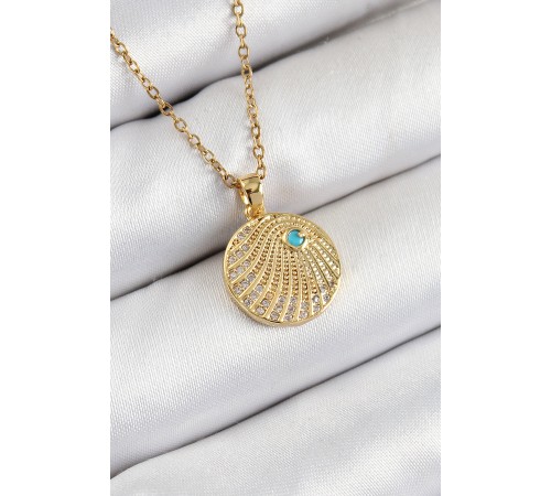 316L Çelik Zirkon Taşlı Madalyon Model Gold Renk Kadın Kolye - TJ-BKO10367