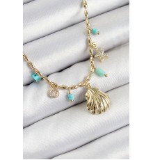 Pirinç Zirkon Taşlı Deniz Kabuğu Model Gold Renk Kadın Kolye - TJ-BKO10368