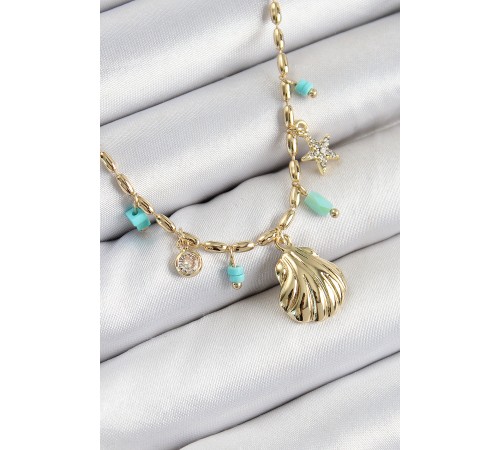 Pirinç Zirkon Taşlı Deniz Kabuğu Model Gold Renk Kadın Kolye - TJ-BKO10368