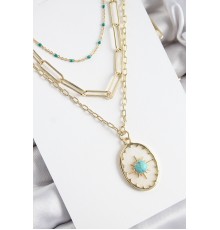 Pirinç Çoklu Zincirli Mavi Boncuklu Pusula Model Gold Renk Kadın Kolye - TJ-BKO10369