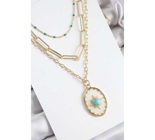 Pirinç Çoklu Zincirli Mavi Boncuklu Pusula Model Gold Renk Kadın Kolye - TJ-BKO10369