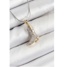 316L Çelik Zirkon Taşlı Çizme Model Gümüş Renk Kadın Kolye - TJ-BKO10374