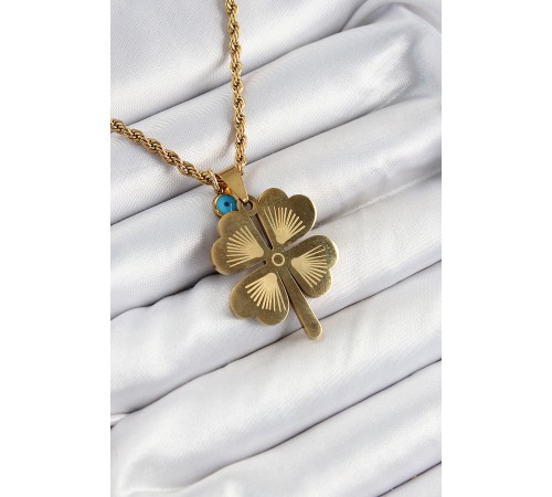 316L Çelik Burgu Zincirli Nazar Detaylı Yonca Model Gold Renk Kadın Kolye - TJ-BKO10377