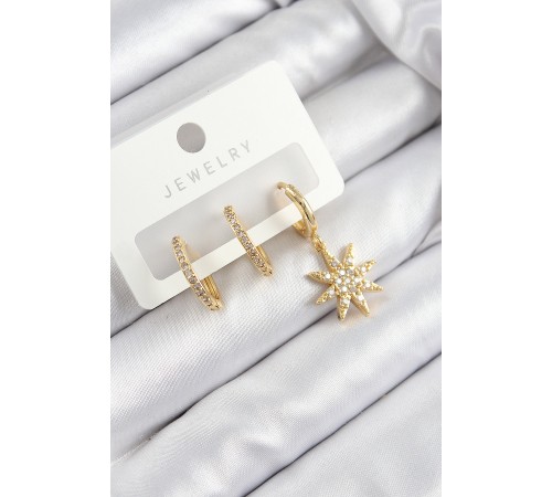 Pirinç Zirkon Taşlı Kutup Yıldızı Model Gold Renk 3'lü Set Kadın Küpe - TJ-BKP10913