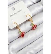 316L Çelik Zirkon Taşlı Sallantılı Kiraz Model Gold Renk Kadın Küpe - TJ-BKP10915