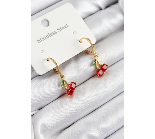316L Çelik Zirkon Taşlı Sallantılı Kiraz Model Gold Renk Kadın Küpe - TJ-BKP10915