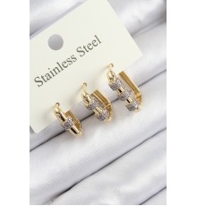 316L Çelik Zirkon Taşlı Dikdörtgen Model Gold Renk 3'lü Set Kadın Küpe - TJ-BKP10916