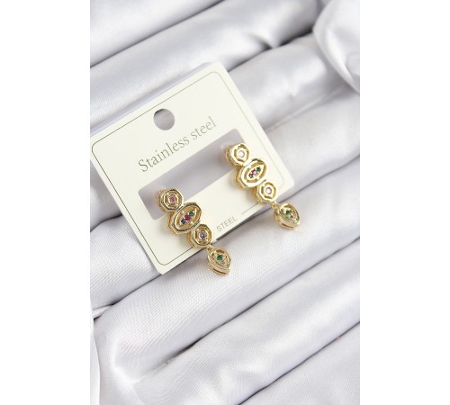 316L Çelik Zirkon Taşlı Sallantılı Geometrik Model Gold Renk Kadın Küpe - TJ-BKP10921
