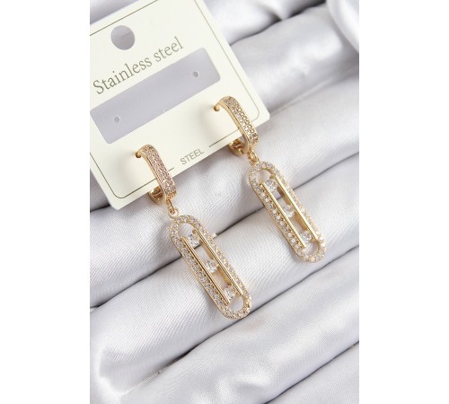 316L Çelik Zirkon Taşlı Sallantılı Messika Model Gold Renk Kadın Küpe - TJ-BKP10920