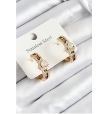 316L Çelik Renkli Zirkon Taşlı Kalpli Baget Halka Model Gold Renk Kadın Küpe - TJ-BKP10925