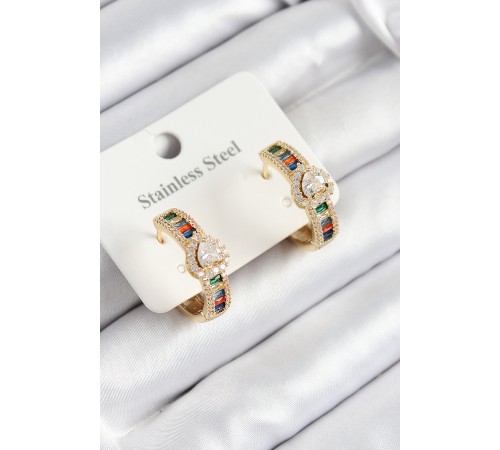 316L Çelik Renkli Zirkon Taşlı Kalpli Baget Halka Model Gold Renk Kadın Küpe - TJ-BKP10925