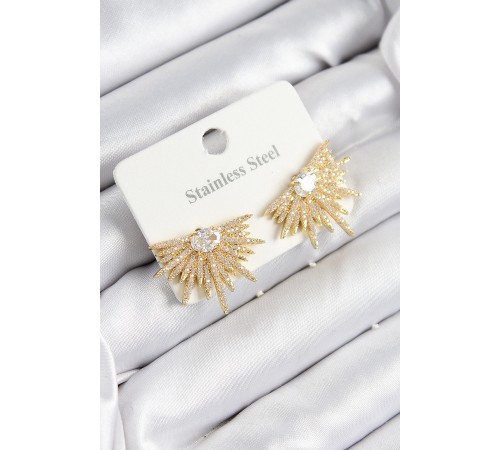 316L Çelik Zirkon Taşlı Yelpaze Model Gold Renk Kadın Küpe - TJ-BKP10927