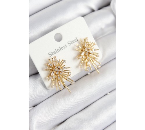 316L Çelik Zirkon Taşlı Aurora Işıltı Model Gold Renk Kadın Küpe - TJ-BKP10929