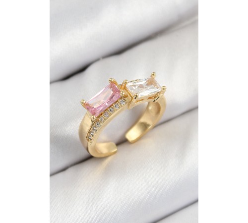 Pirinç Zirkon Taşlı Dikdörtgen Model Gold Renk Kadın Yüzük - TJ-BYK3797