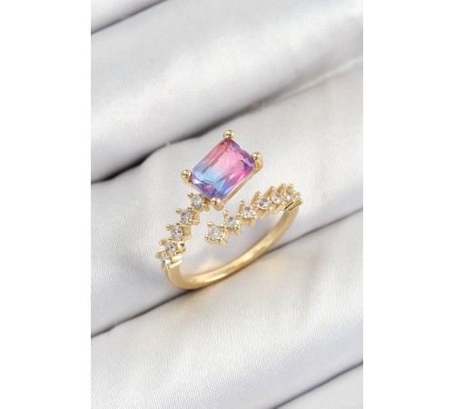 Pirinç Zirkon Taşlı Renkli Model Gold Renk Kadın Yüzük - TJ-BYK3799