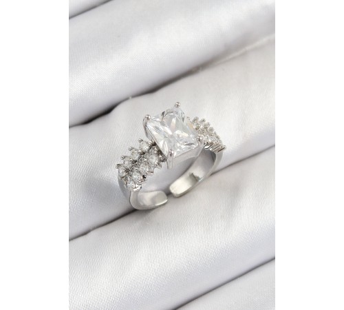 Pirinç Büyük Zirkon Taşlı Model Gümüş Renk Kadın Yüzük - TJ-BYK3801