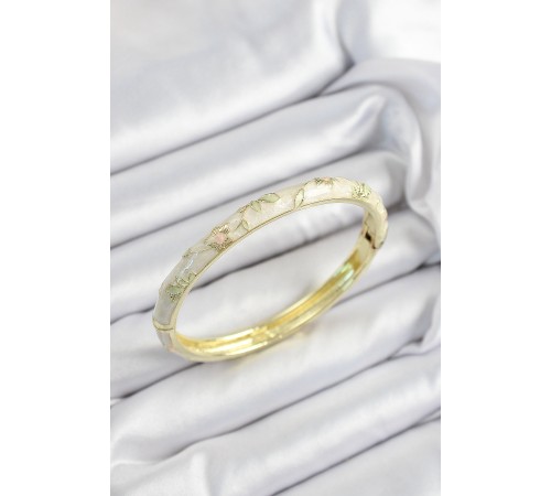 Mineli Pirinç Krem Çiçek Motifli Gold Renk Kadın Kelepçe - TJ-BB7438