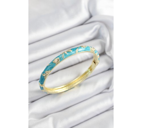 Mineli Pirinç Mavi Çiçek Motifli Gold Renk Kadın Kelepçe - TJ-BB7439