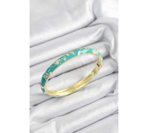 Mineli Pirinç Yeşil Çiçek Motifli Gold Renk Kadın Kelepçe - TJ-BB7442