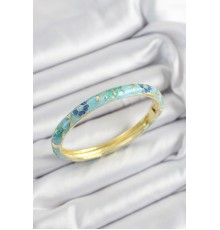 Mineli Pirinç Turkuaz Mavi Çiçek Motifli Gold Renk Kadın Kelepçe - TJ-BB7447