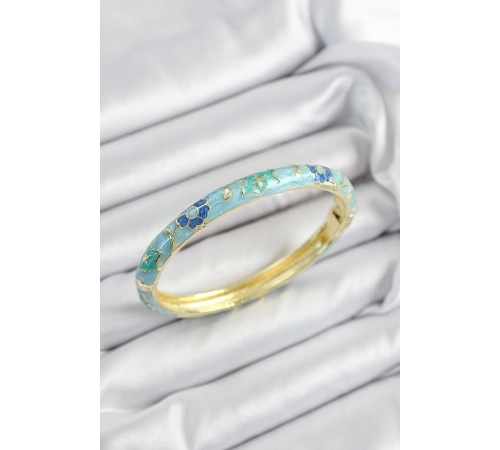 Mineli Pirinç Turkuaz Mavi Çiçek Motifli Gold Renk Kadın Kelepçe - TJ-BB7447