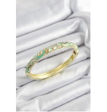 Mineli Pirinç Zirkon Taşlı Yeşil Çiçek Motifli Gold Renk Kadın Kelepçe - TJ-BB7450