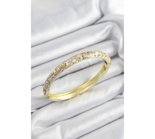 Mineli Pirinç Zirkon Taşlı Fuşya Çiçek Motifli Gold Renk Kadın Kelepçe - TJ-BB7451