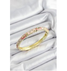 Mineli Pirinç Zirkon Taşlı Pembe Çiçek Motifli Gold Renk Kadın Kelepçe - TJ-BB7453