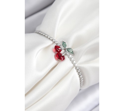 Pirinç Zirkon Taşlı Kiraz Model Gümüş Renk Asansörlü Kadın Bileklik - TJ-BB7454