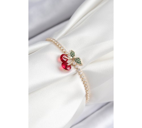 Pirinç Zirkon Taşlı Kiraz Model Gold Renk Asansörlü Kadın Bileklik - TJ-BB7455