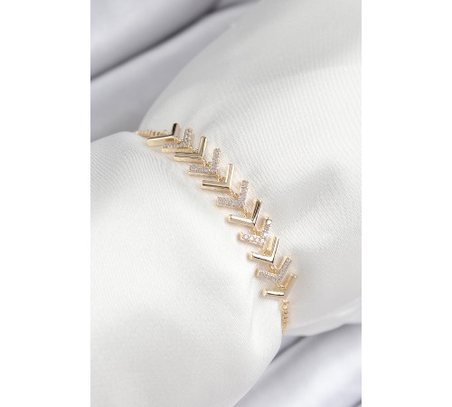 Pirinç Zirkon Taşlı Sıralı Ok Model Gold Renk Asansörlü Kadın Bileklik - TJ-BB7457