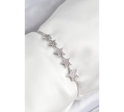 Pirinç Zirkon Taşlı Sıralı Yıldız Model Gümüş Renk Asansörlü Kadın Bileklik - TJ-BB7459