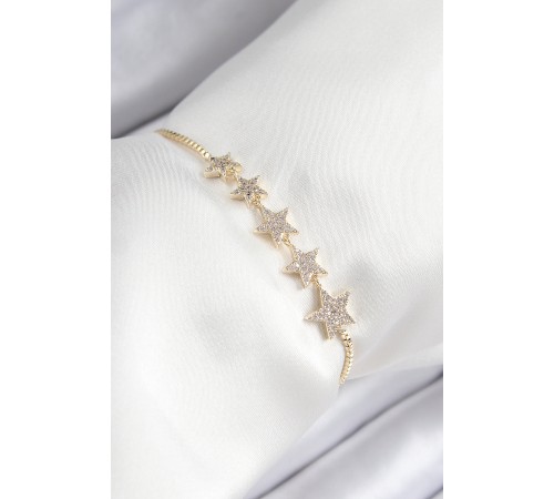 Pirinç Zirkon Taşlı Sıralı Yıldız Model Gold Renk Asansörlü Kadın Bileklik - TJ-BB7460