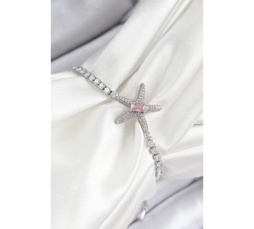 Pirinç Pembe Zirkon Taşlı Deniz Yıldızı Model Gümüş Renk Asansörlü Kadın Bileklik - TJ-BB7461