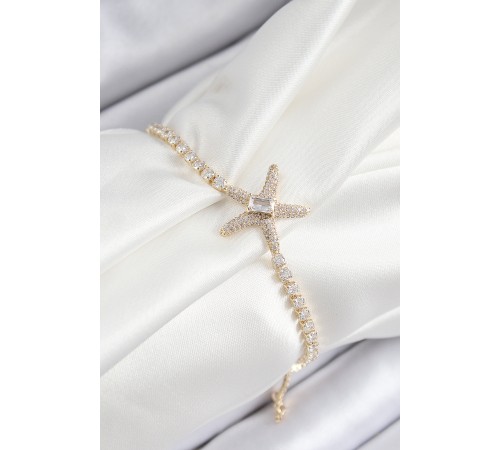 Pirinç Zirkon Taşlı Deniz Yıldızı Model Gold Renk Asansörlü Kadın Bileklik - TJ-BB7462