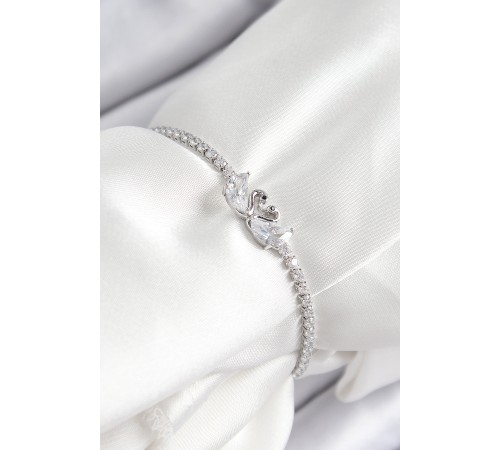 Pirinç Zirkon Taşlı Kuğu Model Gümüş Renk Asansörlü Kadın Bileklik - TJ-BB7463