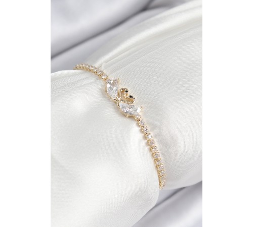 Pirinç Zirkon Taşlı Kuğu Model Gold Renk Asansörlü Kadın Bileklik - TJ-BB7464