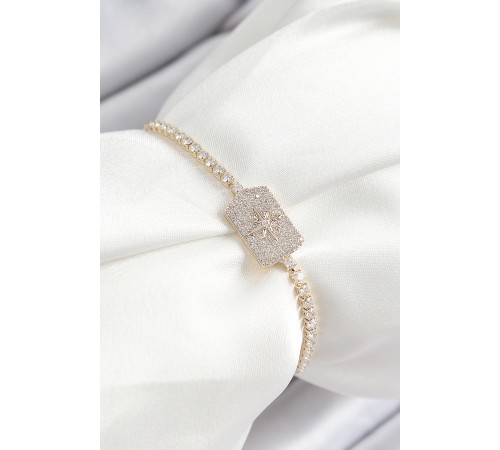 Pirinç Zirkon Taşlı Kutup Yıldızı Model Gold Renk Asansörlü Kadın Bileklik - TJ-BB7466