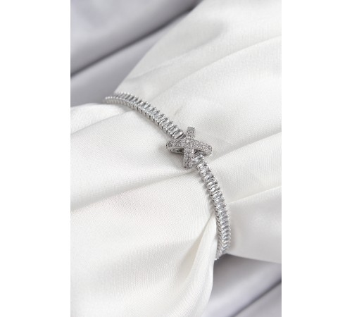 Pirinç Zirkon Taşlı X Detaylı Su Yolu Model Gümüş Renk Asansörlü Kadın Bileklik - TJ-BB7467