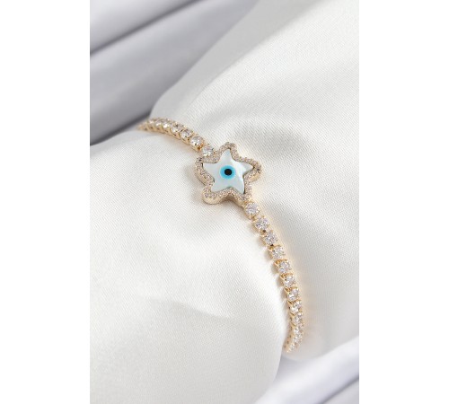 Pirinç Zirkon Taşlı Nazar Yıldız Model Gold Renk Asansörlü Kadın Bileklik - TJ-BB7470