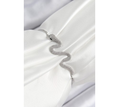 Pirinç Zirkon Taşlı Yılan Model Gümüş Renk Asansörlü Kadın Bileklik - TJ-BB7471