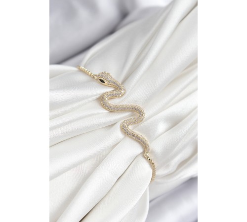 Pirinç Zirkon Taşlı Yılan Model Gold Renk Asansörlü Kadın Bileklik - TJ-BB7472