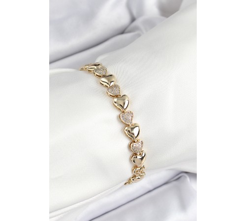 Xuping Pirinç Sıralı Kalp Model Gold Renk Kadın Bileklik - TJ-BB7479