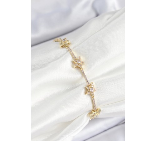 Pirinç Zirkon Taşlı Sıralı Yıldız Model Gold Renk Kadın Bileklik - TJ-BB7487