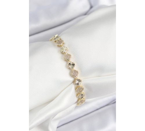 Pirinç Zirkon Taşlı Sıralı Yonca Model Gold Renk Kadın Bileklik - TJ-BB7489