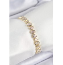 Pirinç Zirkon Taşlı Sıralı Damla Kalp Ve Dikdörtgen Model Gold Renk Kadın Bileklik - TJ-BB7490