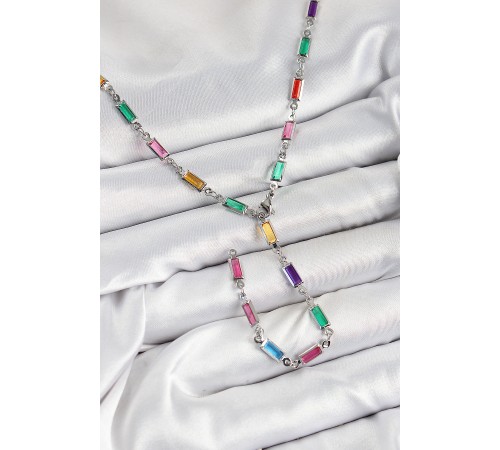 Pirinç Renkli Zirkon Taşlı Dikdörtgen Model Gümüş Renk Kadın Y Kolye - TJ-BKO10385